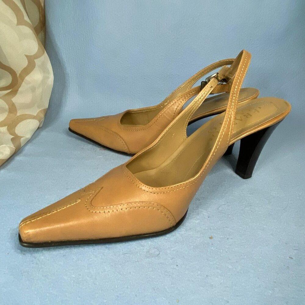 Vintage Franco Sarto Tan Leather Slingback Heels Almond Toe